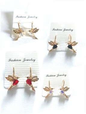 Fashion Jewelry Gold Plated Hummingbird Earrings with Multi Rhinestones Teardrop
